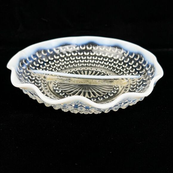 Fenton Hobnail Divided Glass Dish Clear Opalescent Wavy Edge Candy Relish Vtg - Picture 7 of 12